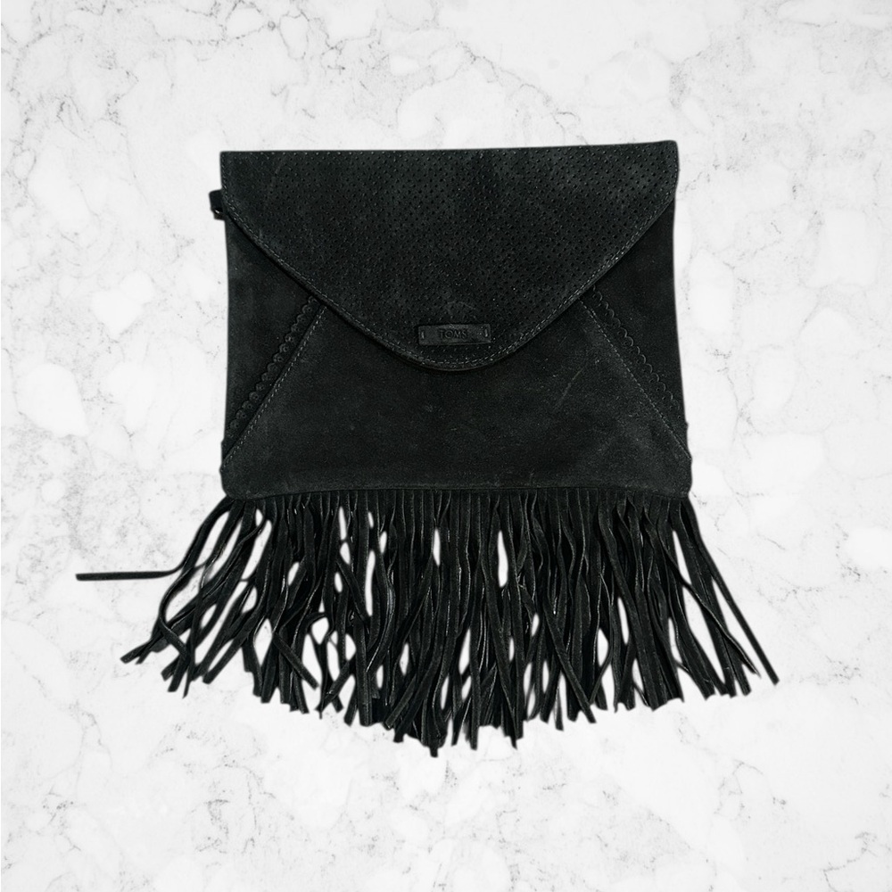 TOMS Black Suede Fringe Clutch Boho Western Festival Purse - Picture 3 of 6